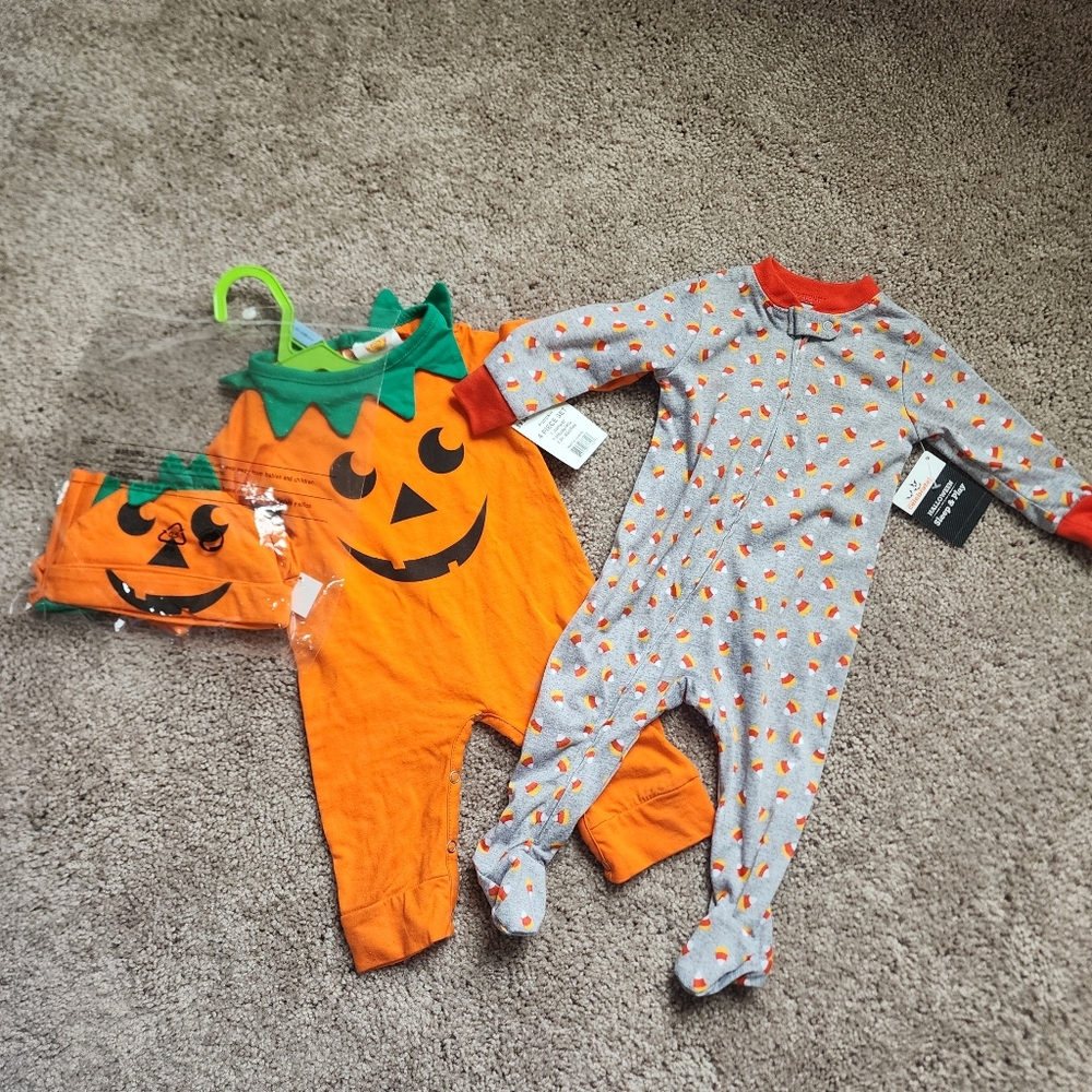 Pumpkin Onesie Costume And Candy Corn Pjs